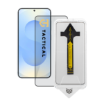 Apsauginis ekrano stikliukas ant Samsung Galaxy S26 Plus ekrano su pakuote ir geltona juosta