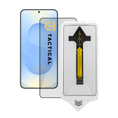 Apsauginis ekrano stikliukas ant Samsung Galaxy S26 Plus ekrano su pakuote ir geltona juosta