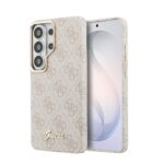 Kreminės spalvos Guess PU dėklas su monograma ir auksiniu logotipu, skirtas Samsung Galaxy S26 Ultra