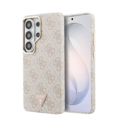 Šviesiai smėlio spalvos Guess PU dėklas su monogramos raštu ir auksiniu kameros rėmeliu