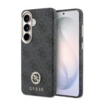 Juodas dėklas telefonui Samsung Galaxy S26 su monogramuota odos tekstūra, metaliniu GUESS logotipu