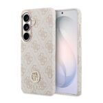 Šviesiai kreminis dėklas telefonui Samsung Galaxy S26 su Guess PU Leather Strass logo ir auksiniu rėmeliu