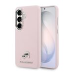 Rožinis grained PU odos dėklas Karl Lagerfeld skirtas Samsung Galaxy S26 Plus, matomas kameros modulis ir logotipas apačioje