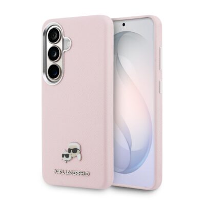 Rožinis grained PU odos dėklas Karl Lagerfeld skirtas Samsung Galaxy S26 Plus, matomas kameros modulis ir logotipas apačioje