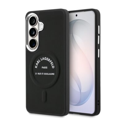 Juodas Karl Lagerfeld dėklas su magnetiniu laikikliu ir logotipo ratu, matoma telefono kamera modulių dalis