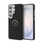 Juodas Karl Lagerfeld dėklas su logotipu ant nugaros ir matomu kamerų moduliu, Samsung Galaxy S26 Ultra.