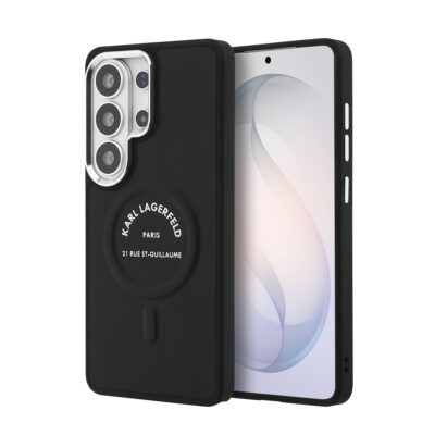 Juodas Karl Lagerfeld dėklas su logotipu ant nugaros ir matomu kamerų moduliu, Samsung Galaxy S26 Ultra.