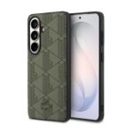 Khaki Lacoste dėklas Samsung Galaxy S26 su geometriniu raštu ir Lacoste krokodilo logotipu apačioje