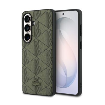 Khaki Lacoste dėklas Samsung Galaxy S26 su geometriniu raštu ir Lacoste krokodilo logotipu apačioje