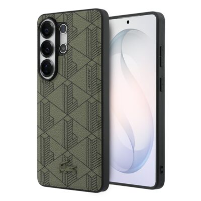 Khaki Lacoste deklas Samsung Galaxy S26 Ultra su geometriniu monogram raštu