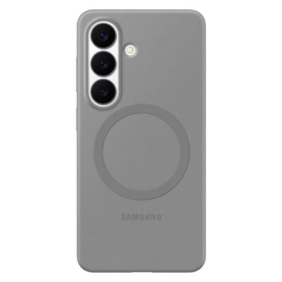 Pilkos spalvos deklas su trimis kameru moduliu virsuje ir centriniu apskrito ispaudu, SAMSUNG logotipu apacioje