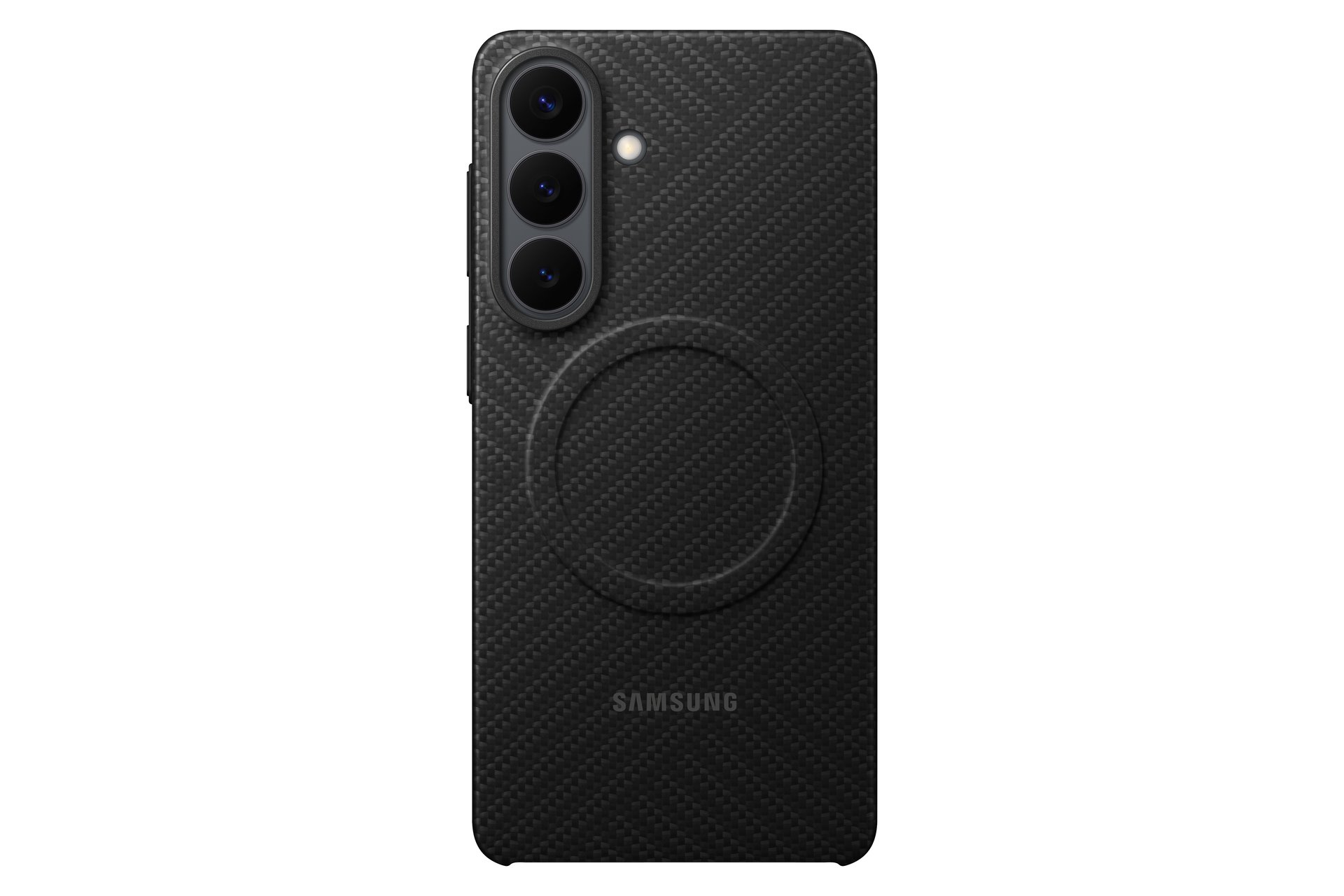 Juodas carbon originalus dėklas EF-KS947SBE Magnet telefonui Samsung Galaxy S26 Plus Juodas carbon originalus dėklas EF-KS947SBE Magnet telefonui Samsung Galaxy S26 Plus, matoma anglies pluošto tekstūra ir kamera modulis viršuje.