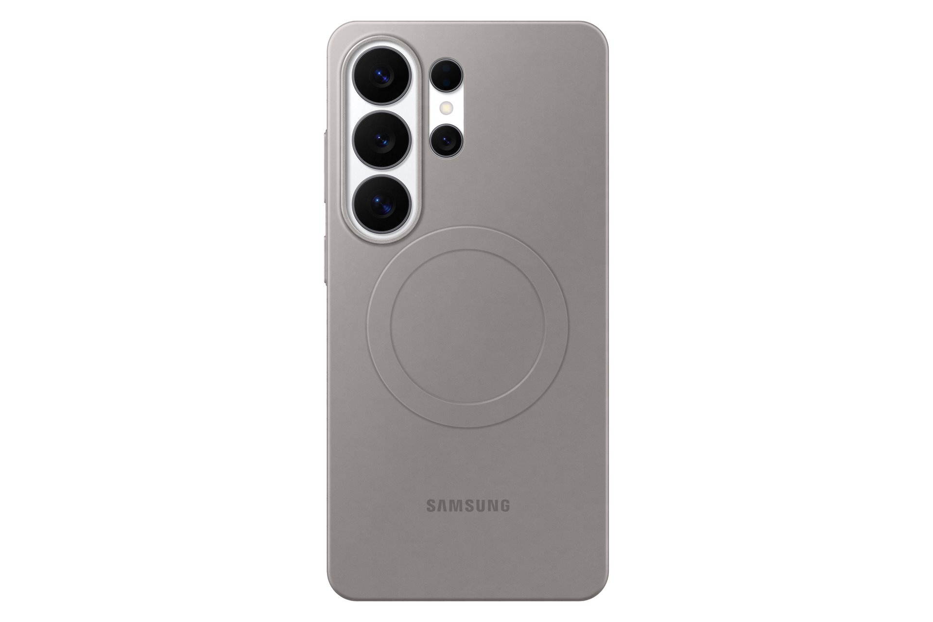 Pilkas originalus dėklas EF-SS948CJE Slim Magnet Pilkas originalus dėklas EF-SS948CJE Slim Magnet telefonui Samsung Galaxy S26 Ultra, matomas nugaros paviršius su dideliu apskrito magnetinio rato žymėjimu ir kameros modulis viršuje kairėje