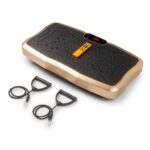 Vibro treniruoklis Reach EX700 - juoda platforma su aukso rėmu ir oranžiniu nuotolinio valdymo pultu.