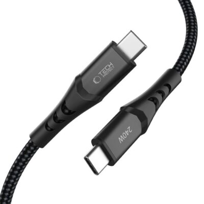 Juodas Tech-Protect UB11T Ultraboost Type-C kabelis su pynėtu išoriniu laidu ir dviem USB-C jungtimis