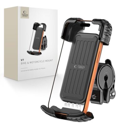 Juodas telefono laikiklis TECH-PROTECT V7 universalus dviraciui ir motociklui matoma laikiklio dalis su oranine reme