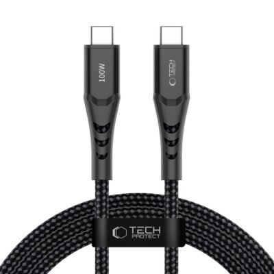 Du USB-C kabeliai su braidingu; kairėje 100W užrašas, dešinėje TECH PROTECT logotipas.