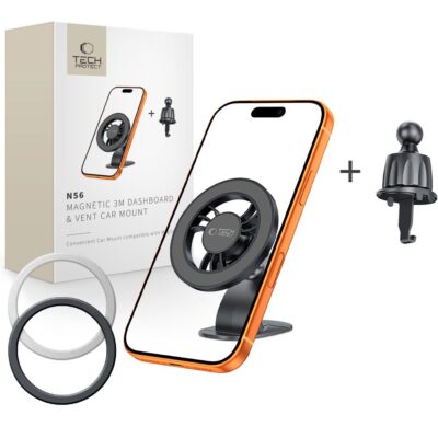 Juodas magnetinis laikiklis TECH-PROTECT N56 su oranžiniu telefono rėmeliu ir pakuote matomoje nuotraukoje.