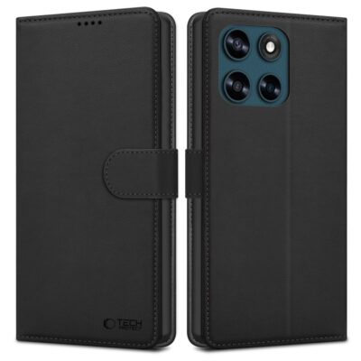Juodas atverčiamas dėklas Tech-Protect Wallet Motorola Moto G57 Power / G67 Power, matomas magnetinė užsegimo juosta ir kameros apsaugos zona.