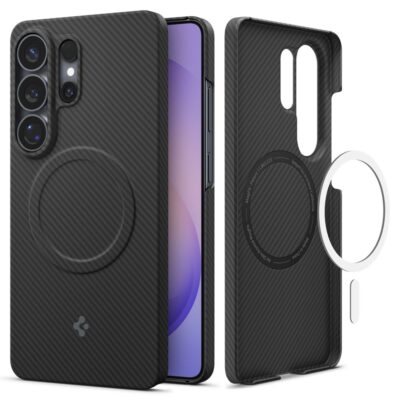 Juodas dėklas Samsung Galaxy S26 Ultra su Spigen Airskin Aramid Mag Magsafe ir karbono pluošto tekstūra su nugaros laikikliu