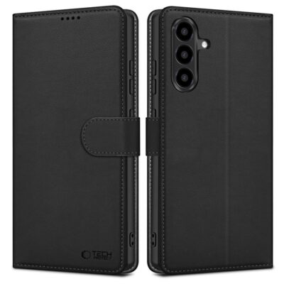 Juodas atverciamas deklas Samsung Galaxy A27 5G Tech-Protect Wallet, matomas priekinis ir galinis vaizdas