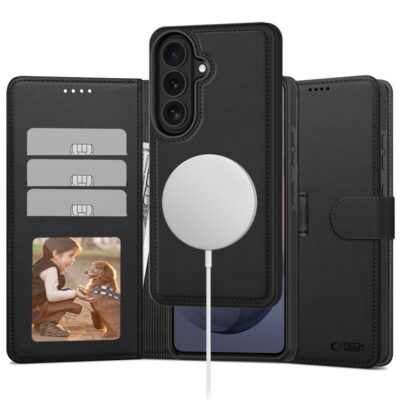Juodas matinis atverciamas deklas Samsung Galaxy S26 Tech-Protect Wallet Magsafe, atidarytas, matomos korteliu kisenes ir nuotrauku kiseine