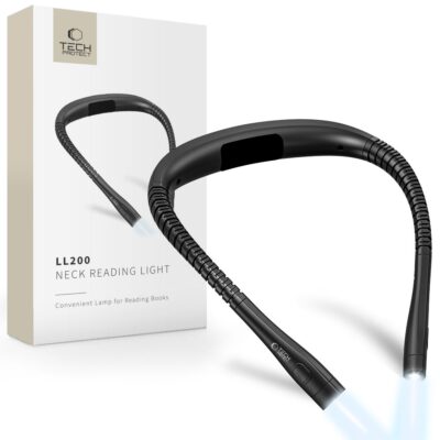 Juoda kaklo skaitomoji lempa TECH-PROTECT LL200 šviesos galva ir lankstus korpus, matoma dėžutė su logotipu