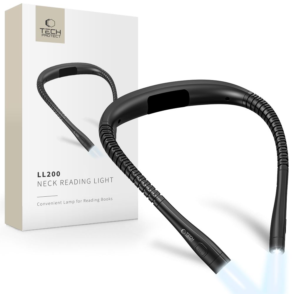 Skaitymo lempa ant kaklo TECH-PROTECT LL200 Juoda kaklo skaitomoji lempa TECH-PROTECT LL200 šviesos galva ir lankstus korpus, matoma dėžutė su logotipu