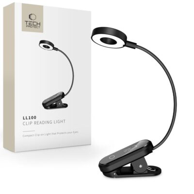 Juoda klipu laikoma skaitymo lempa TECH-PROTECT LL100 su apvalia sviesos galvute