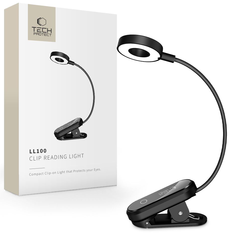 TECH-PROTECT LL100 Clip Reading Light Juoda klipu laikoma skaitymo lempa TECH-PROTECT LL100 su apvalia sviesos galvute