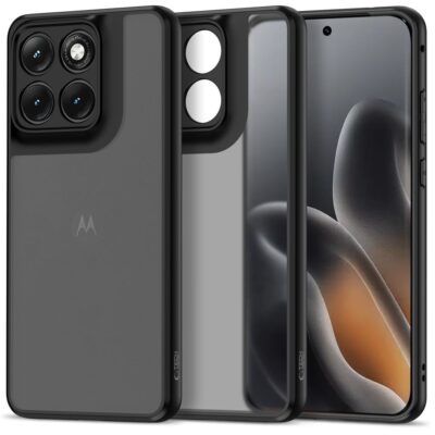 Juodas matinis dėklas Motorola Edge 70 Fusion / Fusion Plus 5G su kameros modulio iškirpte ir tvirtinimo kraštais.