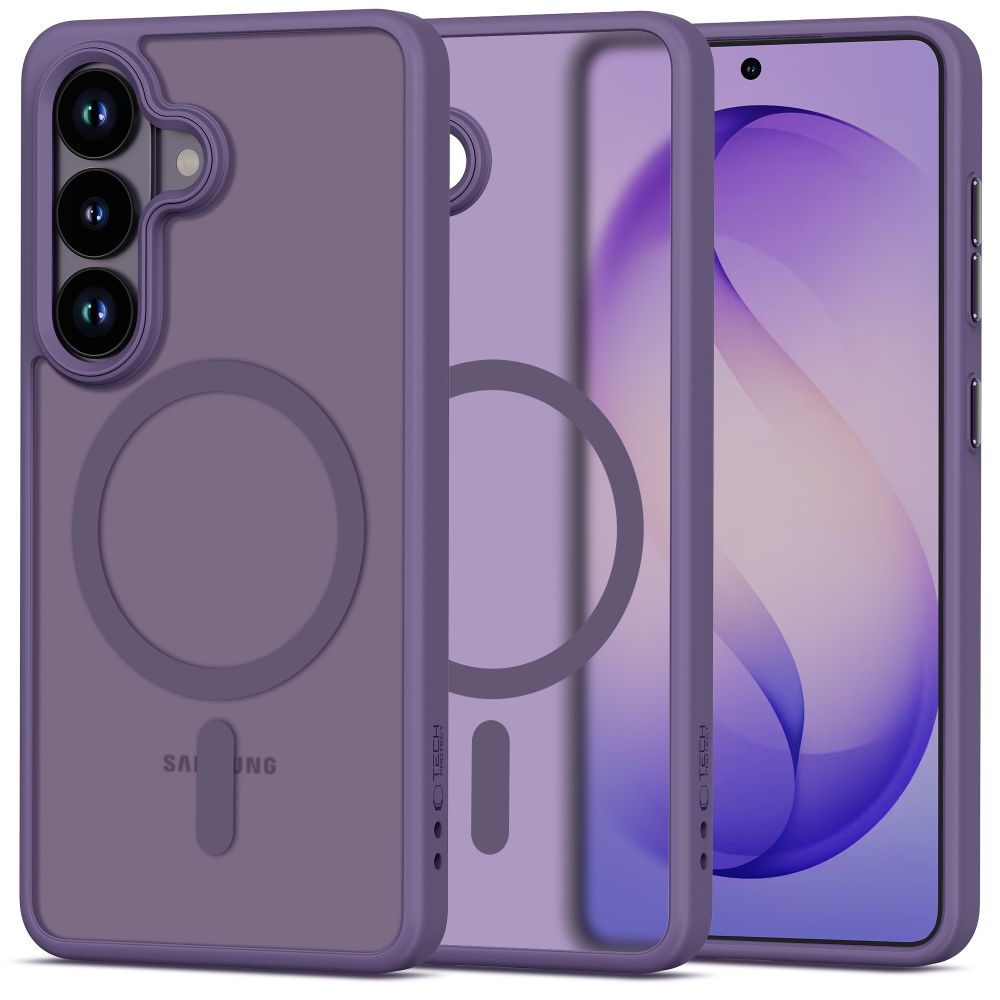 Violetinis dėklas Samsung Galaxy S26 Tech-Protect Magmat Magsafe Violetinis dėklas Samsung Galaxy S26 su apvaliu laikiklio žiedu ant nugarėlės, matomas trijų kamerų modulis.