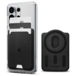 Juoda magnetine korteliu pinigine su skaidriu telefono deklu ir magnetiniu Spigen Urban Fit Wallet
