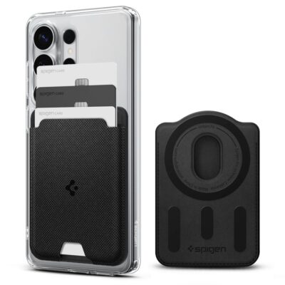 Juoda magnetine korteliu pinigine su skaidriu telefono deklu ir magnetiniu Spigen Urban Fit Wallet