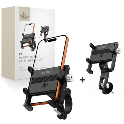 Juodas telefono laikiklis TECH-PROTECT V5 HANDLEBAR & STEM UNIVERSAL BIKE MOUNT ant rankenos