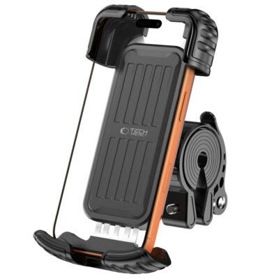 Juodas TECH-PROTECT V7 UNIVERSAL BIKE & MOTORCYCLE MOUNT telefono laikiklis su oranžine kraštine