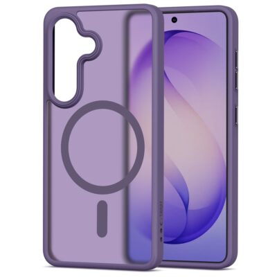 Violetinis dėklas Samsung Galaxy S26 Tech-Protect Magmat Magsafe, matomas didelis apskrito magnetinio elemento ratas ant nugaros ir kameros išpjova.