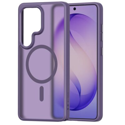 Violetinis dėklas su dideliu apskritimo elementu nugarinėje dalyje, skirtas Samsung Galaxy S26 Ultra