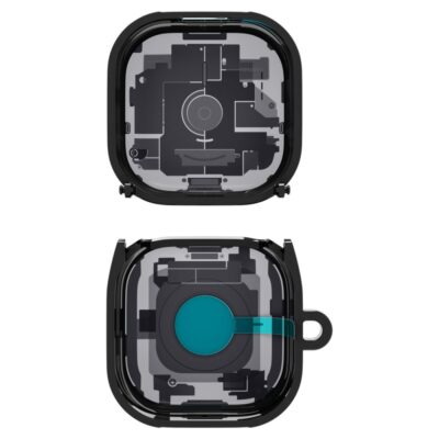 Juodas zero one deklas Samsung Galaxy Buds 4/4 Pro Spigen Ultra Hybrid, matoma isorė ir vidinė plokštė su mėlyna dalimi.