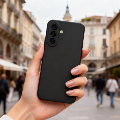 Juodas dėklas Samsung Galaxy A27 5G laikomas rankoje, matomi trijų kamerų moduliai