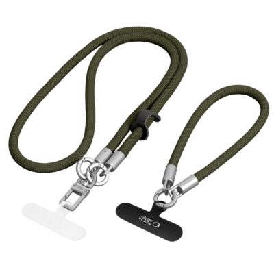 Žalias-titano spalvos dirželis TECH-PROTECT C10S ROPE CROSSBODY & WRIST su sidabro spalvos metalinėmis detalėmis.