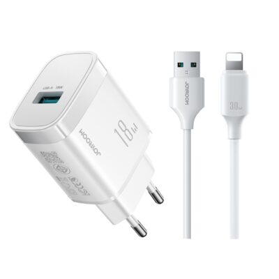 Baltas įkroviklis Joyroom JR-TF4 su USB-A 18W ir USB-A į Lightning kabeliu