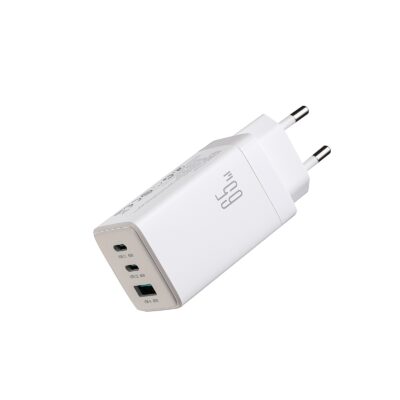 Baltas įkroviklis Joyroom JR-TG10 GaN 65W su 2x USB-C ir USB-A jungtimis