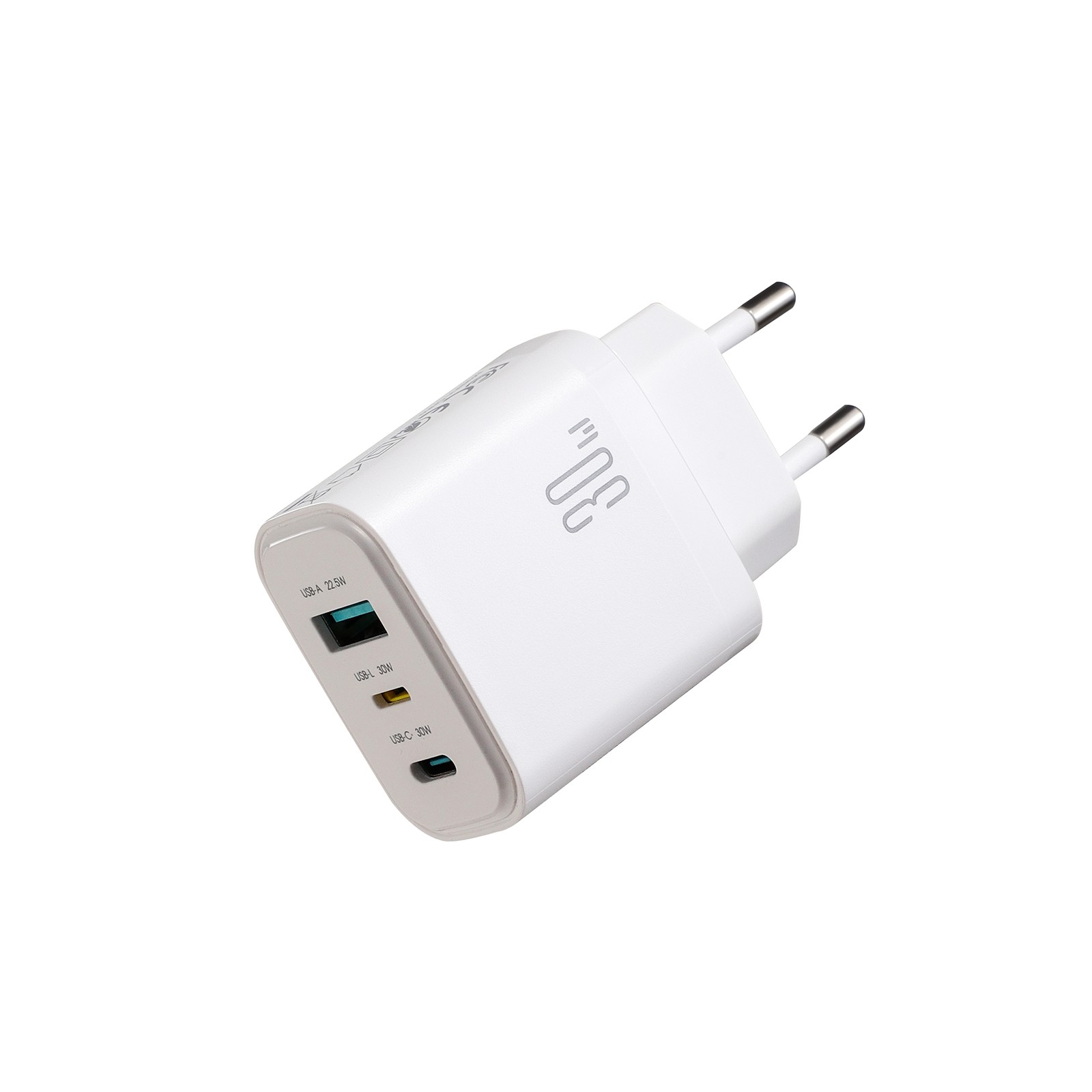 Baltas įkroviklis Joyroom JR-TG6 30W 2xUSB-C USB-A Baltas įkroviklis Joyroom JR-TG6 30W su 2x USB-C ir USB-A, matomi kištukai ir USB lizdai