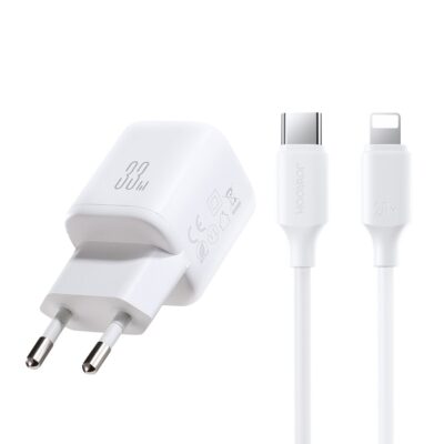 Baltas įkroviklis Joyroom JR-TG7 su USB-C / USB-A ir USB-C iki Lightning kabeliu