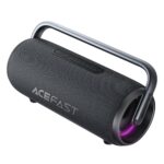 Juodas bluetooth nešiojamas garsiakalbis Acefast K2 Max su metaline rankena ir tinkleliu dengtu korpusu; violetinis apšvietimas.