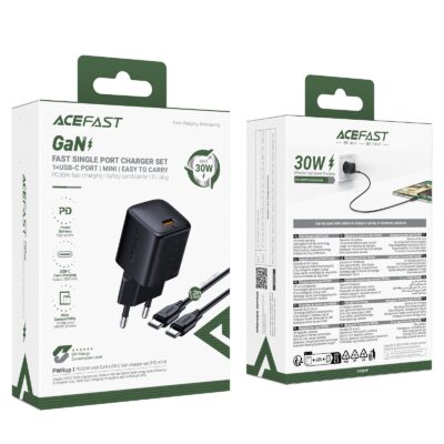Juodas Acefast A118 30W GaN USB-C įkroviklis su USB-C kabeliu 1.2 m – dvi pakuotės matomos.