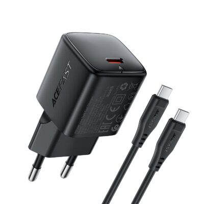 Juodas Acefast A118 30W GaN USB-C įkroviklis su USB-C kabeliu 1.2 m