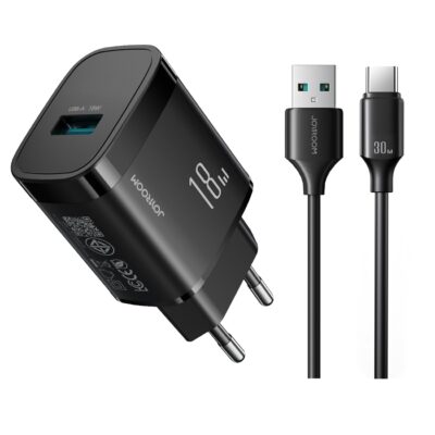 Juodas Joyroom JR-TF4 įkroviklis su USB-A portu ir USB-A į USB-C kabeliu 1.0m