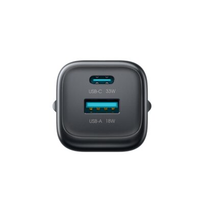 Juodas Joyroom JR-TG7 įkroviklis su USB-C ir USB-A prievadais, pažymėta 33W ir 18W